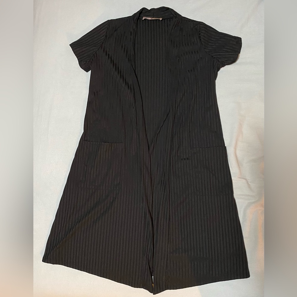 Short Sleeve, Long Open-Front Ribbed Cardigan, Black
